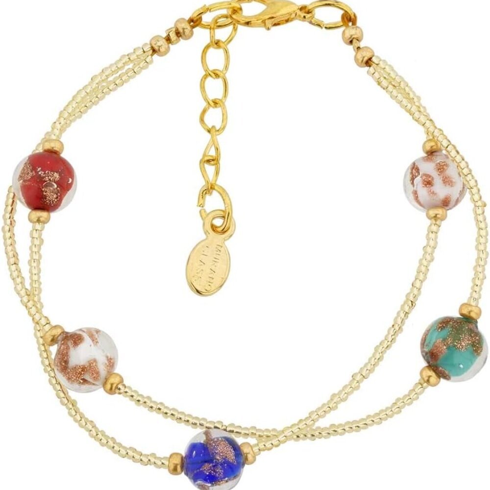Murano Glass Bracelet Handmade Venice Multicolor 7.75" Gold-Lined Beads For Wome